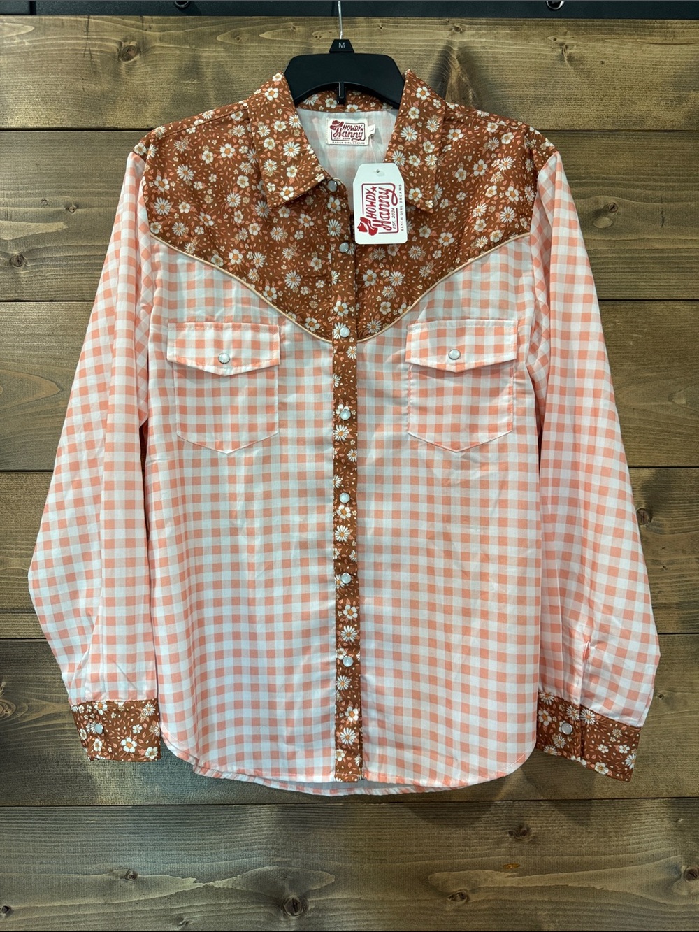 Howdy Hanny Pink Gingham Western Pearl Snap Shirt with Brown Floral Yoke